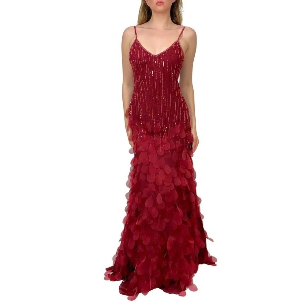 RARE Sue Wong Nocturne Red Gown 6 Red Beaded Petal Silk Dress Y2k 2000s Maxi - Picture 4 of 10